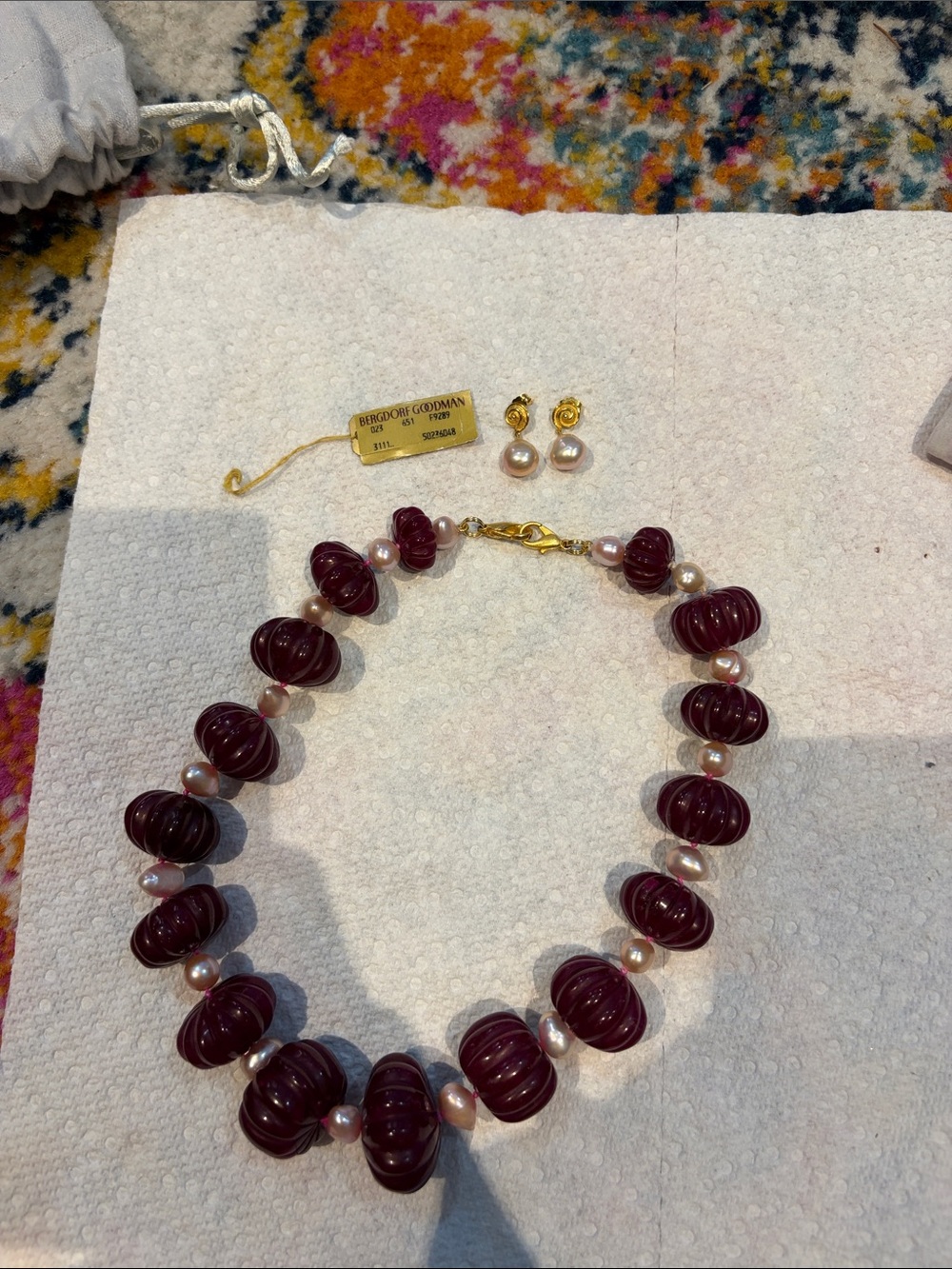 Bergdorf Goodman Burgundy Bead and Pearl Necklace with Gold Accents